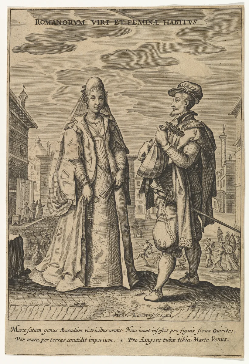 Romanorium Viri et Feminae Habitus, from Fashions of Different Nations (copy) by Master ID, print, 1609-1649