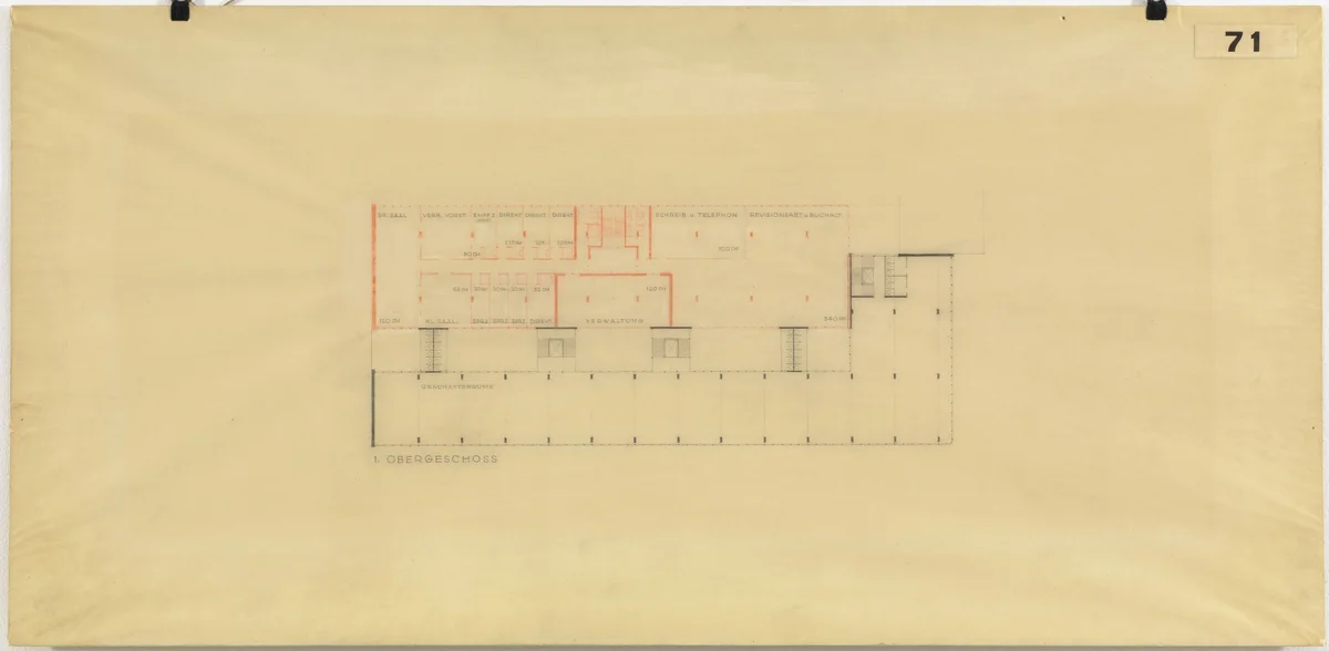 Bank and Office Building, project, Stuttgart, Germany, Second-floor plan by Ludwig Mies van der Rohe, architecture, 1928