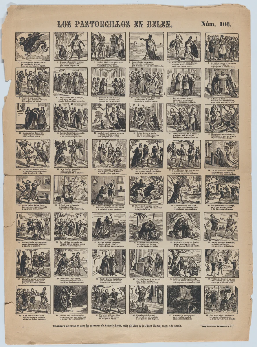 Broadside with 48 scenes relating to the nativity of Christ by Antonio Bosch, print, 1865-1875