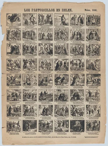 Broadside with 48 scenes relating to the nativity of Christ by Antonio Bosch, print, 1865-1875