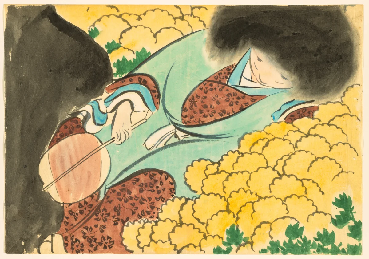 Flowers of a Hundred Worlds (Momoyogusa): Chrysanthemum Boy (Kikujidō) by Kamisaka Sekka, drawing, 1909