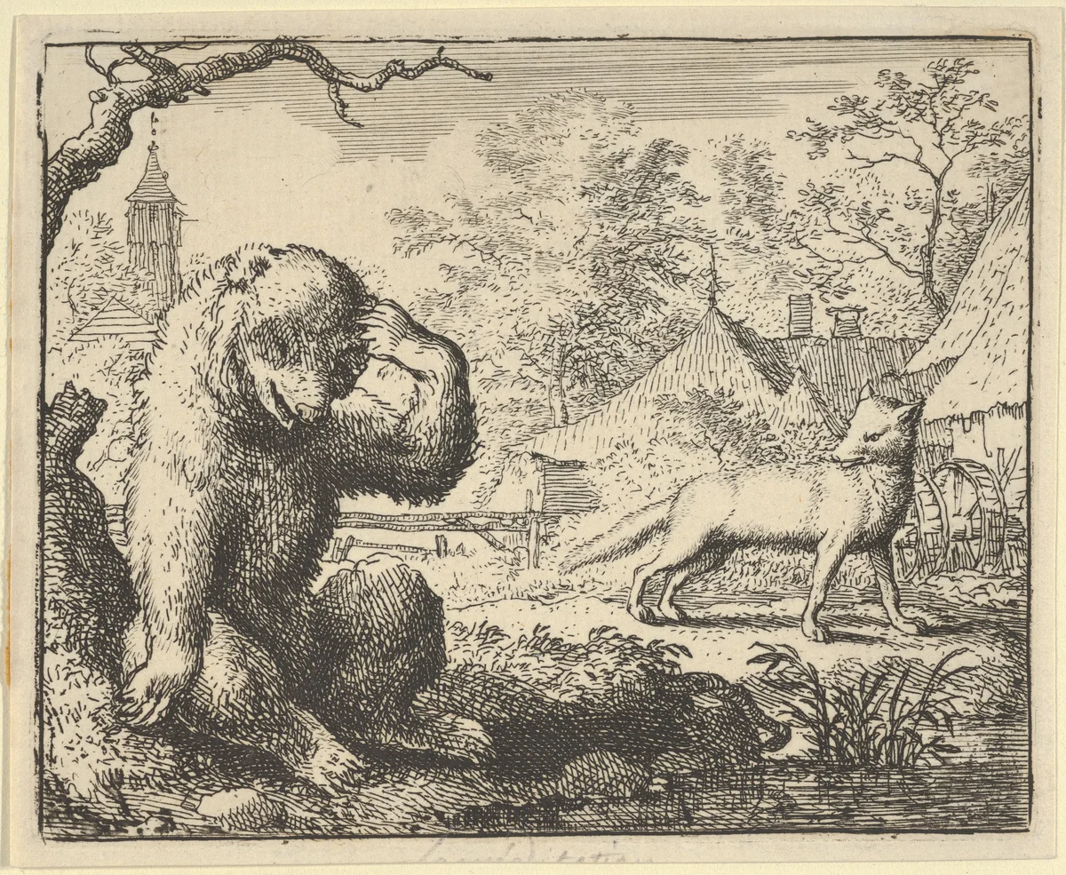 Renard Makes Fun of the Bear from Hendrick van Alcmar's Renard The Fox by Allart van Everdingen, print, 1650-1675