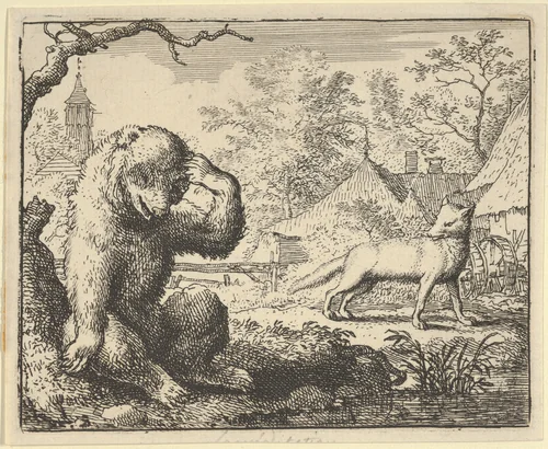 Renard Makes Fun of the Bear from Hendrick van Alcmar's Renard The Fox by Allart van Everdingen, print, 1650-1675
