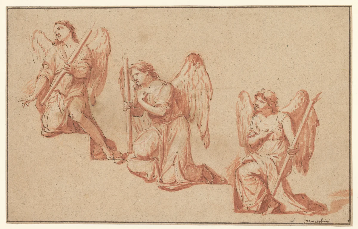 Drie studies van knielende engelen met een toorts by Marco Antonio Franceschini, drawing, 1690-1699