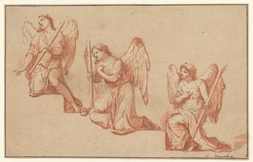 Drie studies van knielende engelen met een toorts by Marco Antonio Franceschini, drawing, 1690-1699