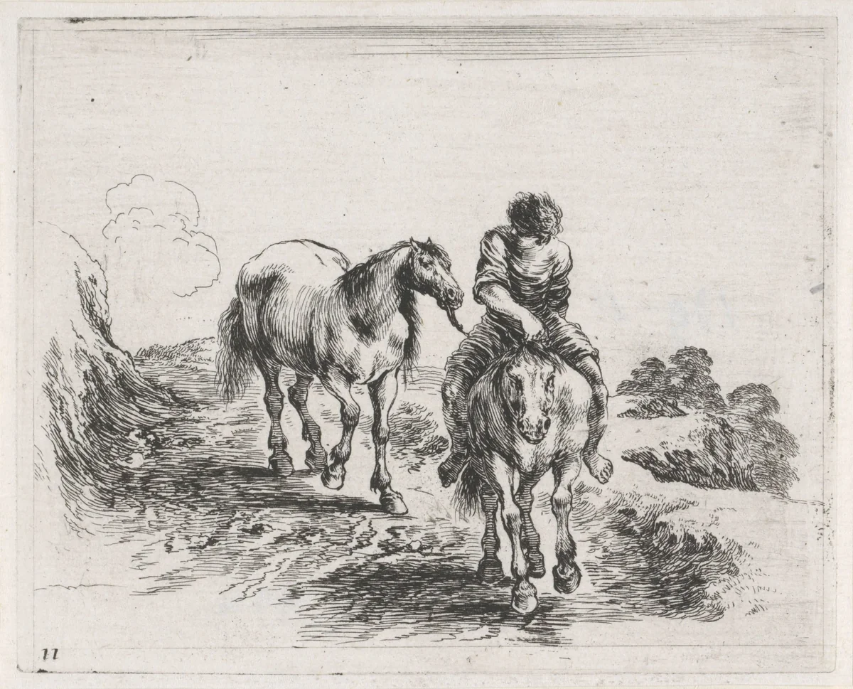 Man te paard voert een ander paard mee by Stefano della Bella, print, 1632-1664