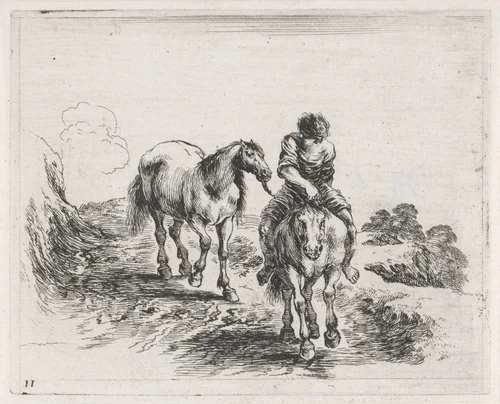 Man te paard voert een ander paard mee by Stefano della Bella, print, 1632-1664