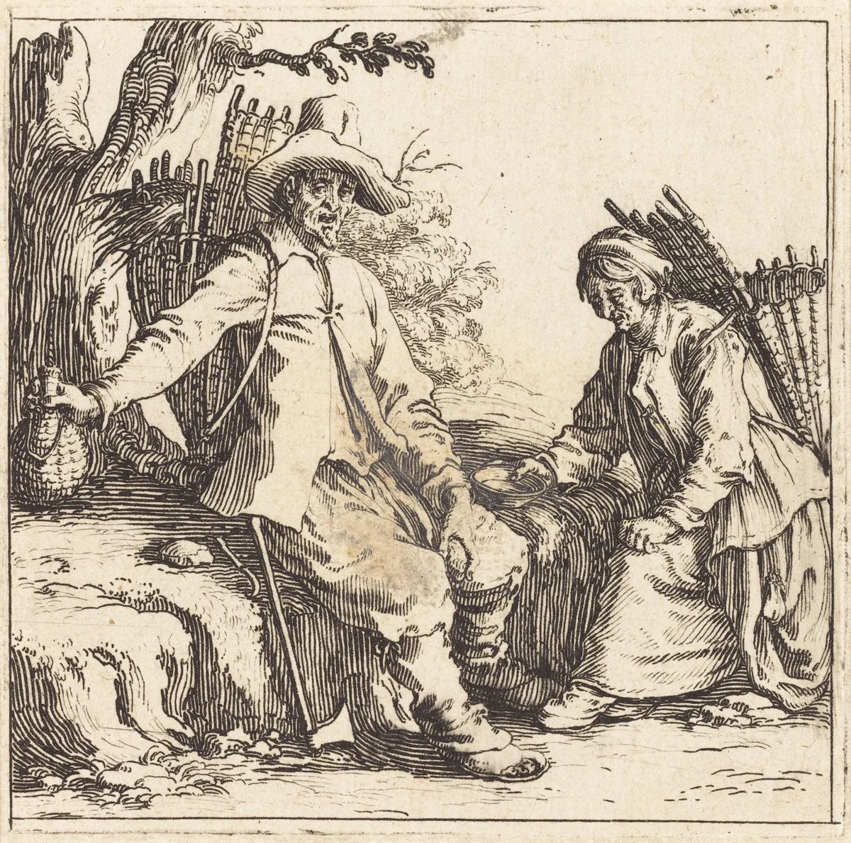 Peasant Couple at Rest by Jacques Callot, print, 1621