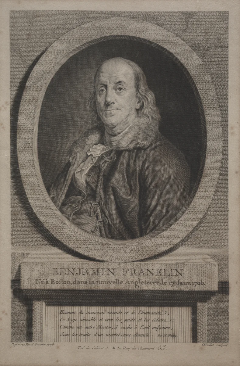 Benjamin Franklin by Justus Chevillet, print, 1779