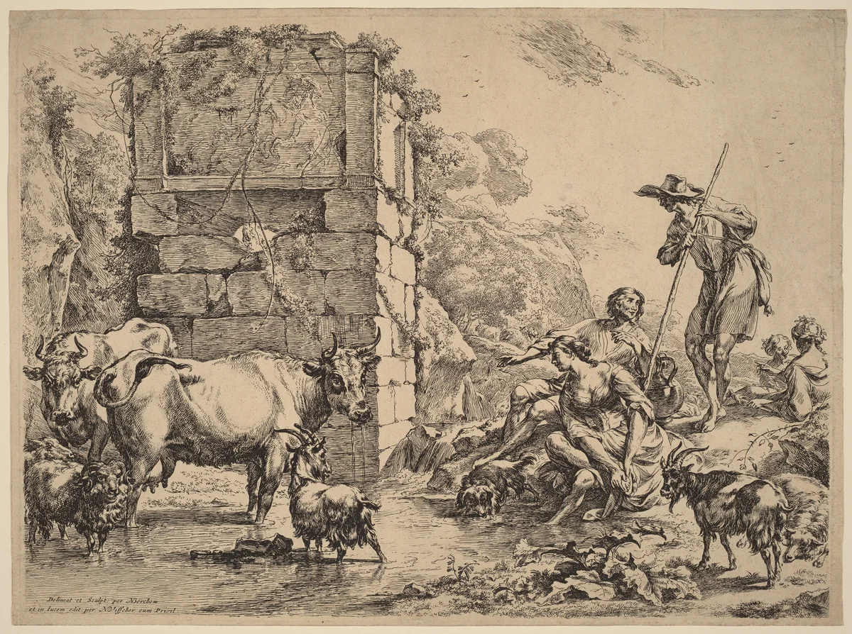 Cow Drinking by Nicolaes Pietersz Berchem, print, 1680