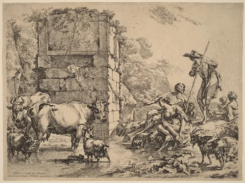 Cow Drinking by Nicolaes Pietersz Berchem, print, 1680
