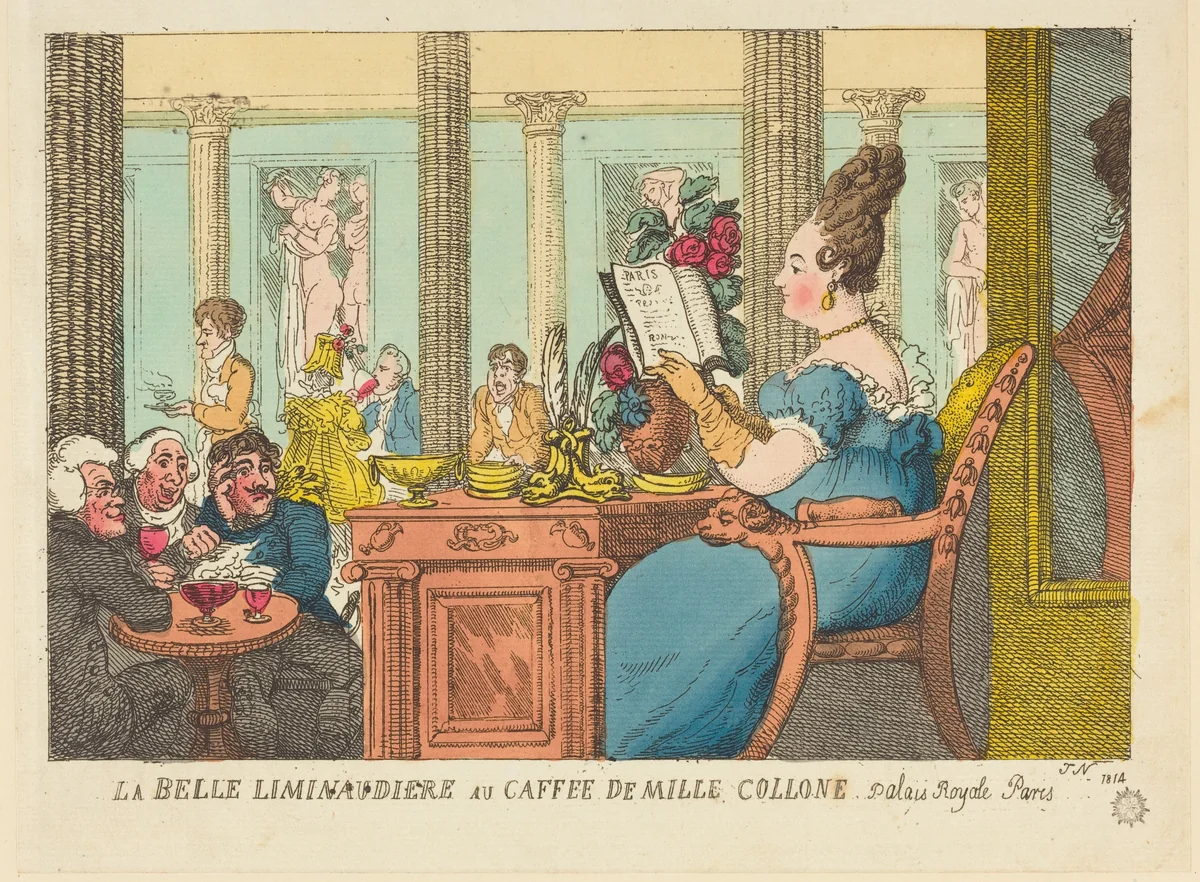 La Belle Limonaudiere au Cafe des Mille Colonnes, Palais Royal, Paris by Thomas Rowlandson, print, 1814