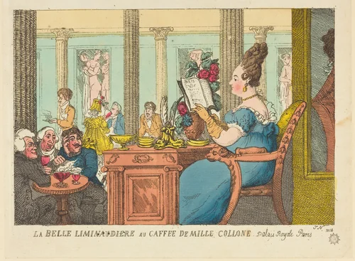 La Belle Limonaudiere au Cafe des Mille Colonnes, Palais Royal, Paris by Thomas Rowlandson, print, 1814