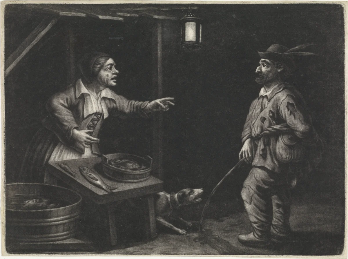 Nachtgezicht met visverkoopster en een urinerende man by Jan van der Bruggen, print, 1659-1740