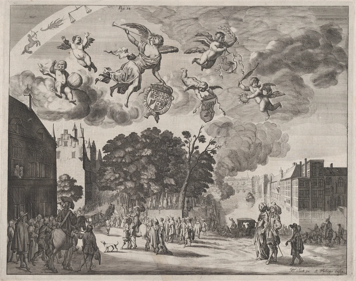 Charles II entering The Hague in a carriage with the Mauritshuis on the right, from "Verhael van de Reys van Carel II, Coning van Groot-Brittannië, in Hollandt van 25 Mey tot 2 Junij 1660" by Pieter Philippe, print, 1660