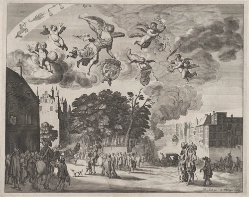 Charles II entering The Hague in a carriage with the Mauritshuis on the right, from "Verhael van de Reys van Carel II, Coning van Groot-Brittannië, in Hollandt van 25 Mey tot 2 Junij 1660" by Pieter Philippe, print, 1660
