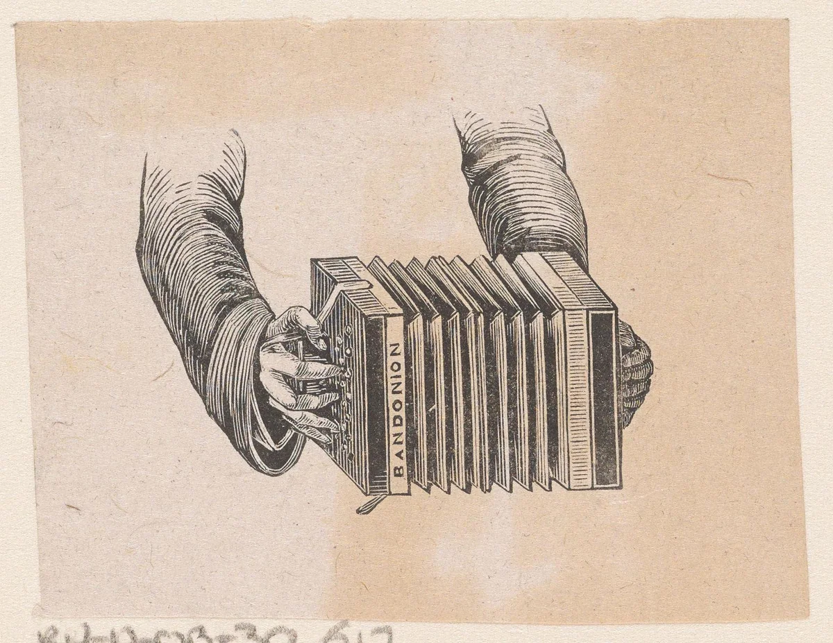 Twee handen spelend op een bandoneon by Isaac Weissenbruch, print, 1836-1912