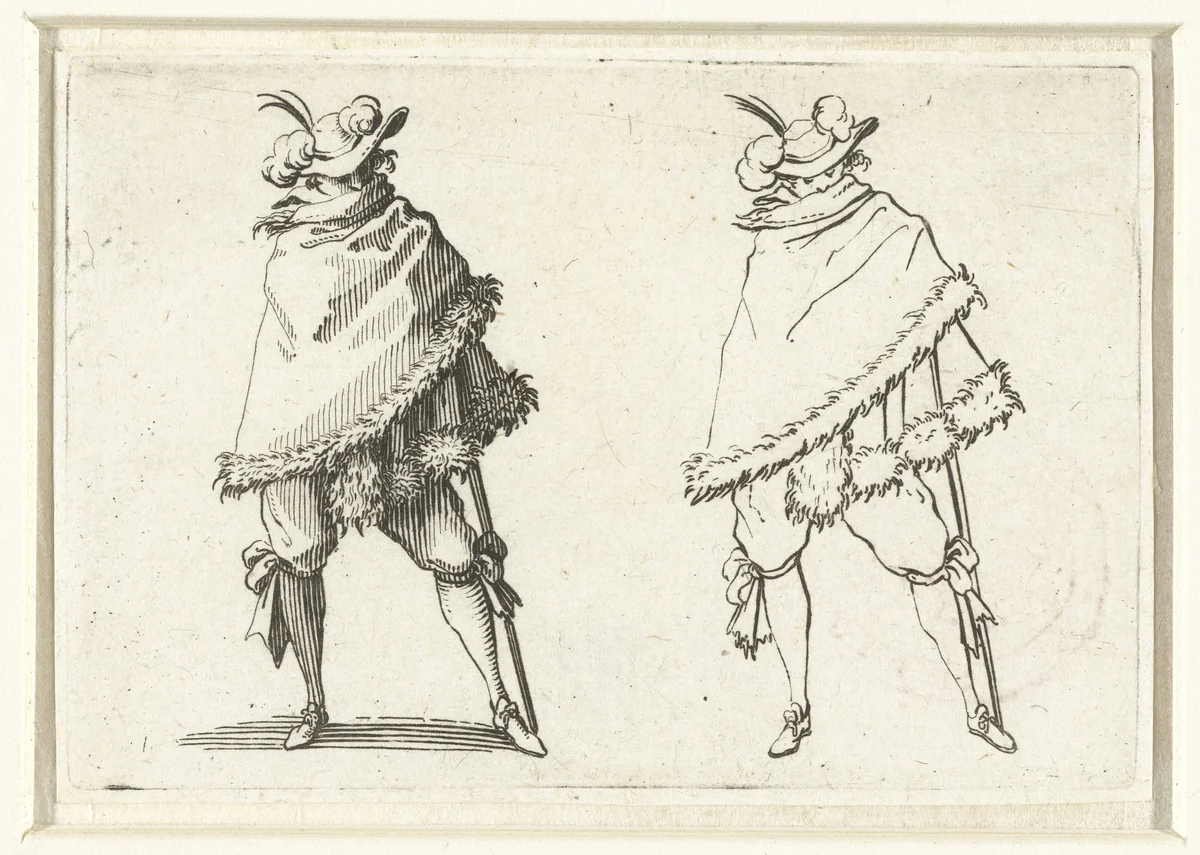 Tweemaal dezelfde man met bontmantel en wandelstok, van voren gezien by Jacques Callot, print, 1621