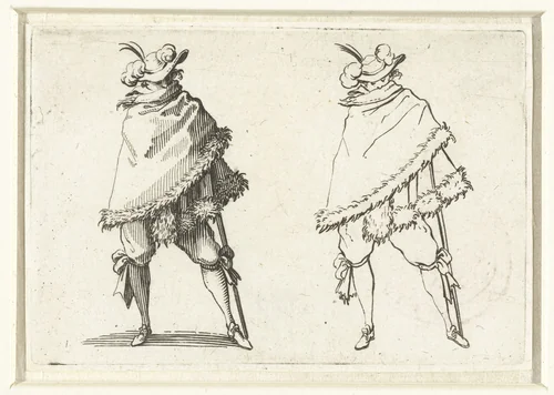 Tweemaal dezelfde man met bontmantel en wandelstok, van voren gezien by Jacques Callot, print, 1621