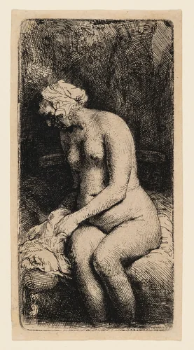 Woman Bathing her Feet at a Brook by Rembrandt van Rijn, print, 1658