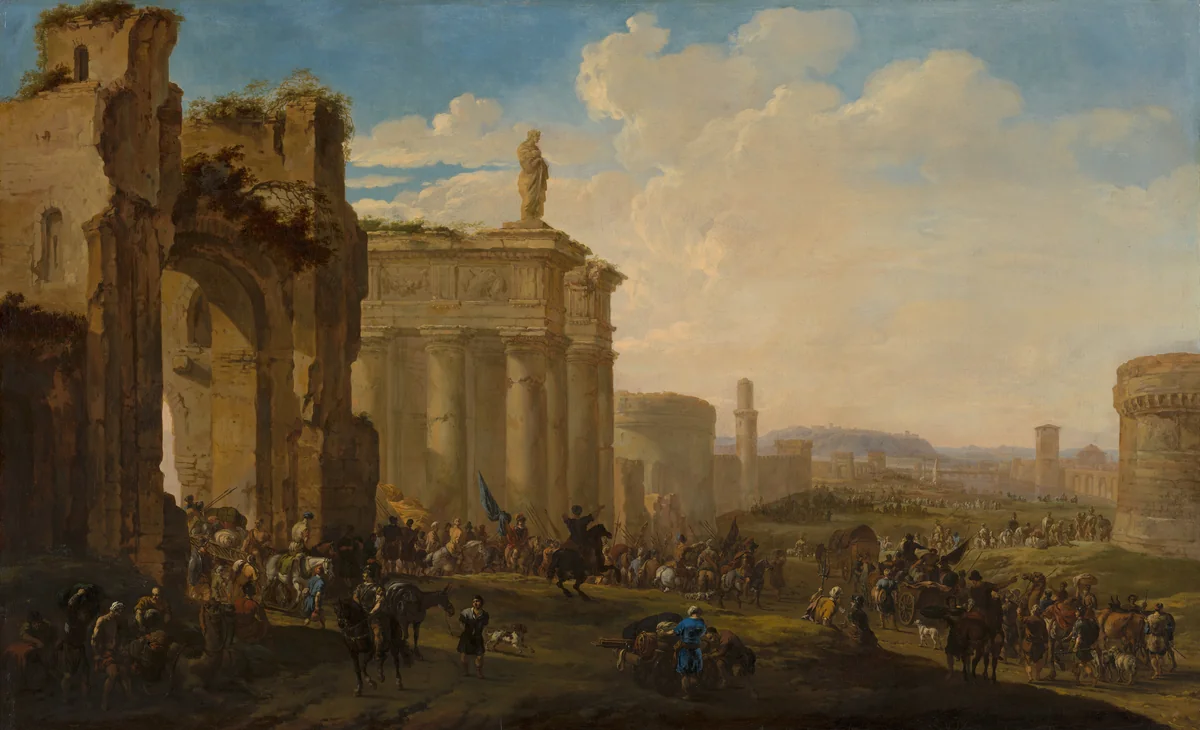 Army Advancing among Roman Ruins by Jacob van der Ulft, painting, 1671