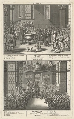 Baptême du Juif Jachiel Hirschlin à Zurich. 1746; Distribution des Livres avec Etudians et aux Ecôliers à Zurich (Baptism of Jachiel Hirschlin and Distribution of the Books) by David Herrliberger, print, 1751