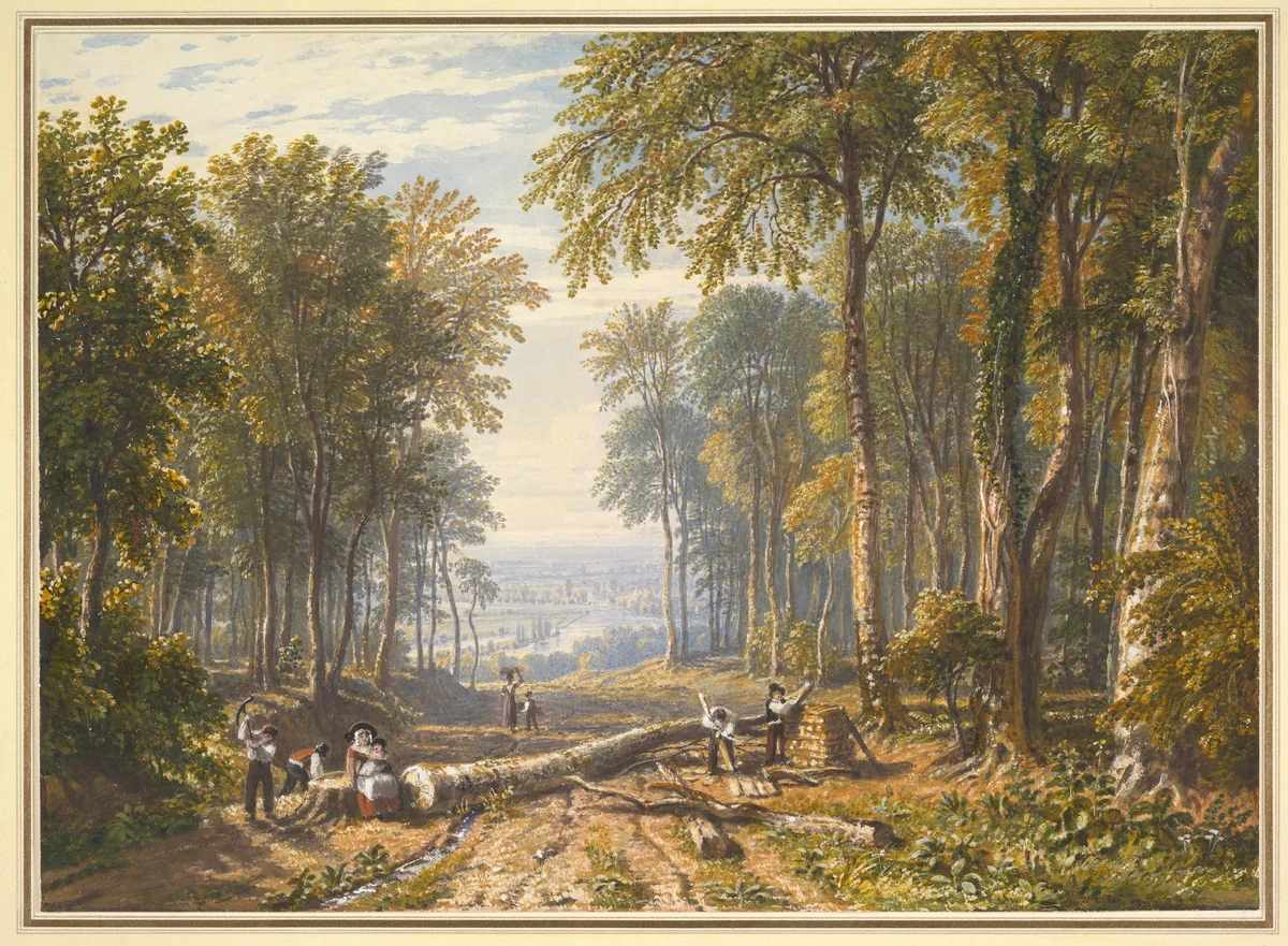 Woodcutters at Park Place, Henley, the river Thames beyond by William Havell, drawing, 1821-1831