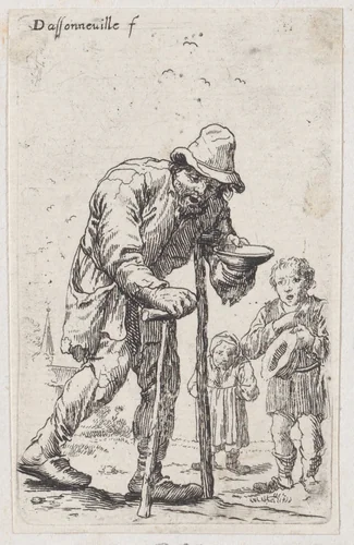 Beggars asking for alms by Jacques Dassonville, print, 1635-1675