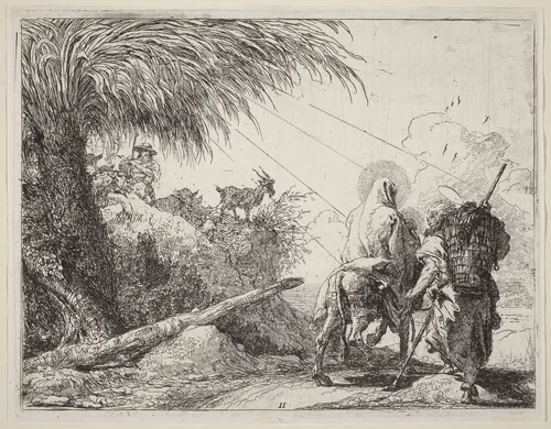 The Flight, Holy Family at the Right, Joseph Looking to the Left by Giovanni Domenico Tiepolo, print, 1753