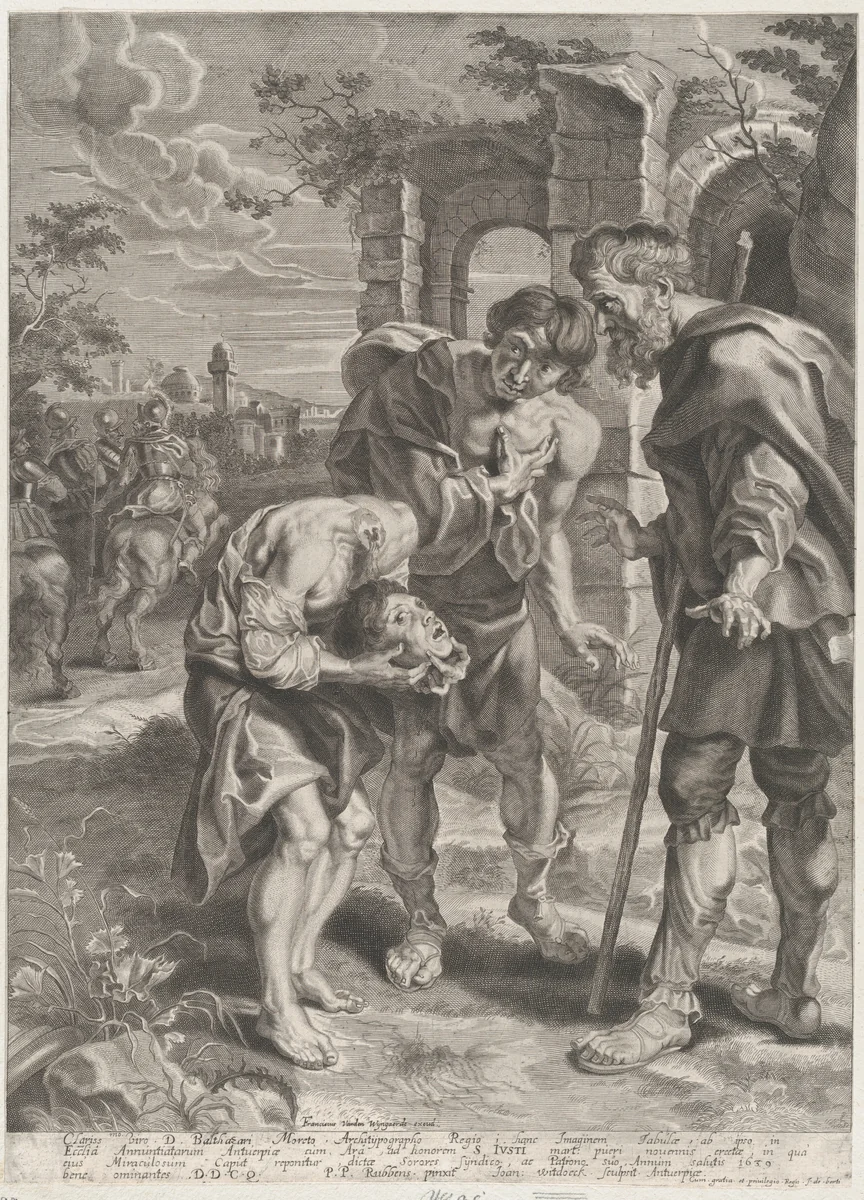The miracle of Saint Just, who stands at center holding his decapitated head in his hands with two onlookers by Jan Witdoeck, print, 1639