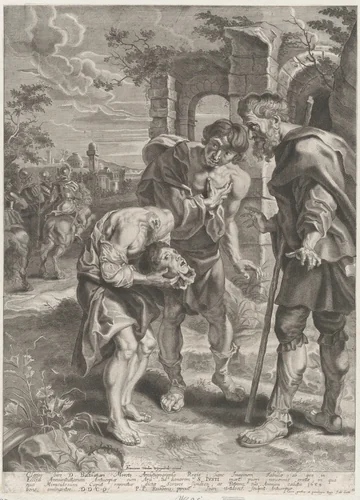 The miracle of Saint Just, who stands at center holding his decapitated head in his hands with two onlookers by Jan Witdoeck, print, 1639