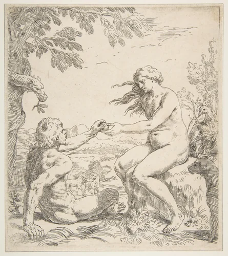 Adam and Eve by Simone Cantarini, print, 1634-1644