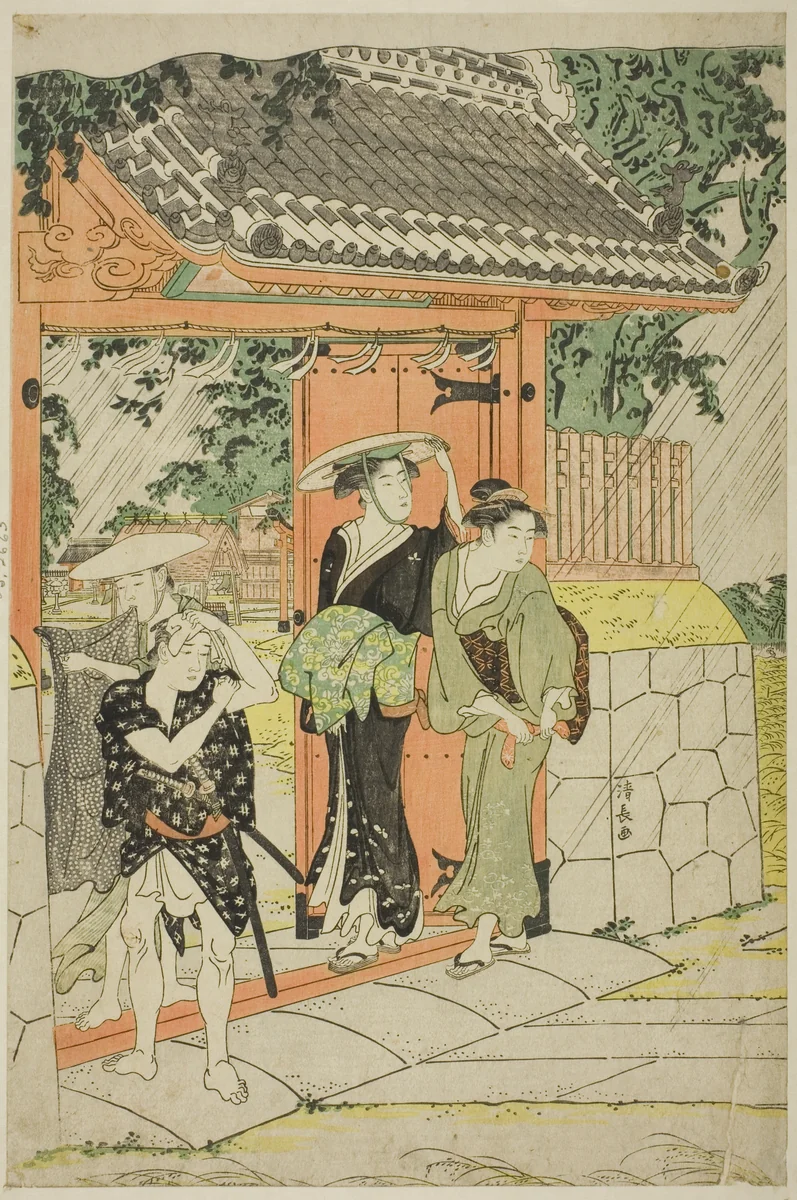 Sudden Shower at Mimeguri Shrine by Torii Kiyonaga (鳥居清長), print, 1782-1792