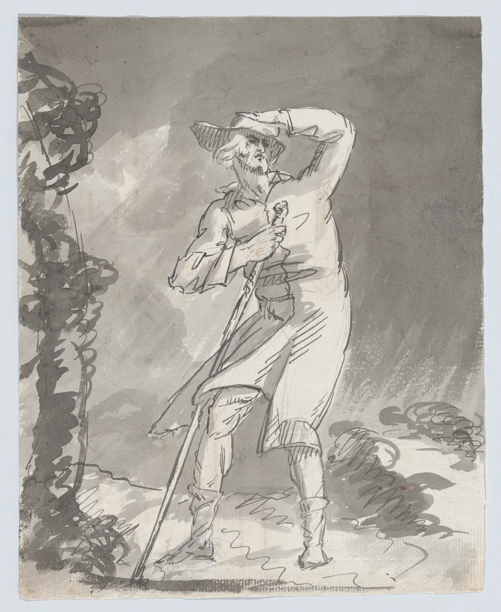 Male with a staff in a storm (recto). Anatomical studies of a foot (verso) by William Hamilton, drawing, 1770-1780