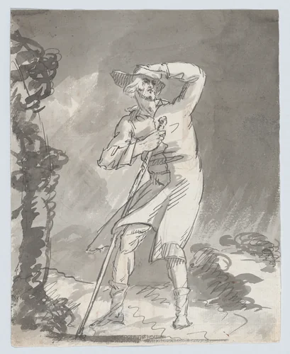 Male with a staff in a storm (recto). Anatomical studies of a foot (verso) by William Hamilton, drawing, 1770-1780