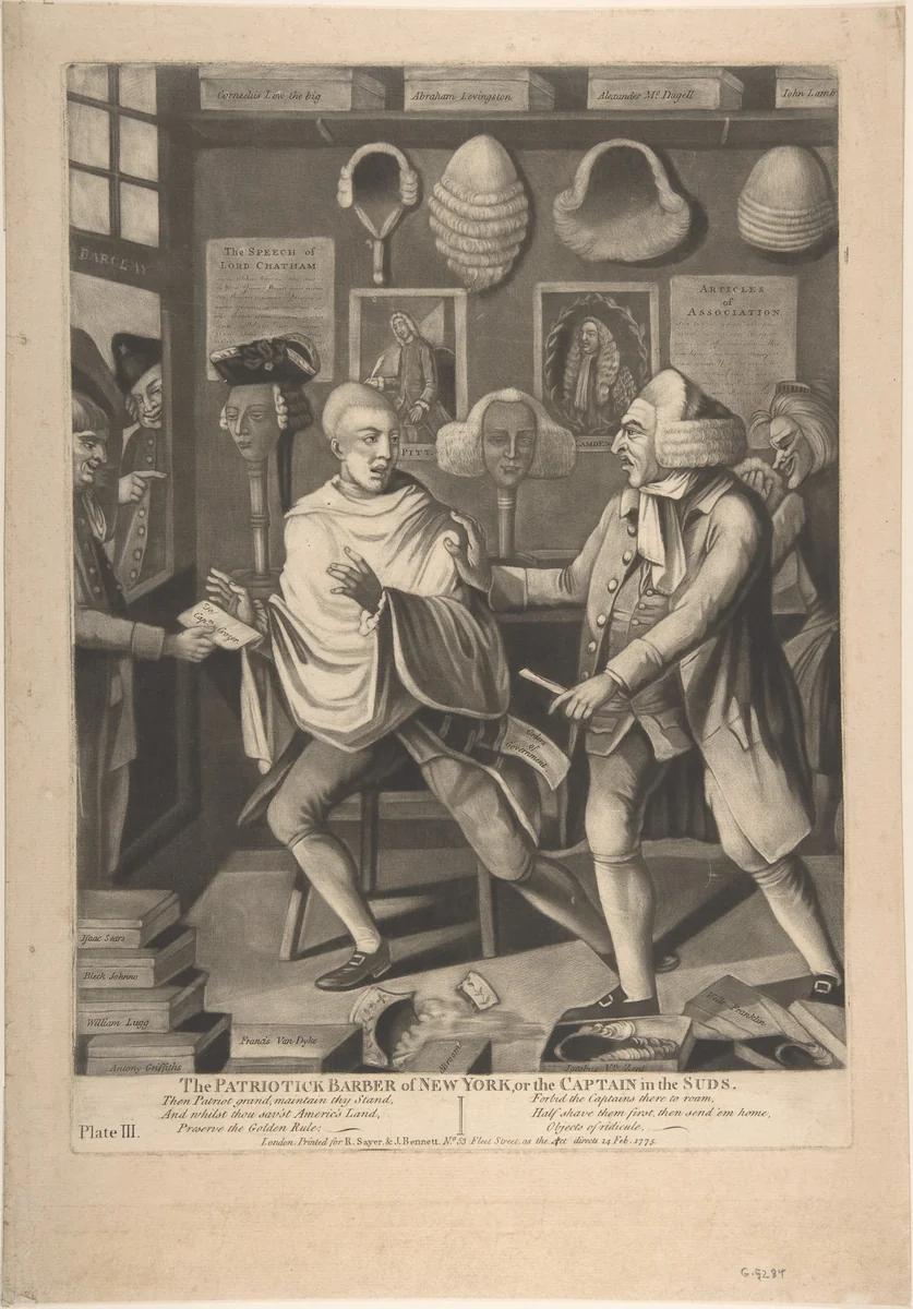 The Patriotick Barber of New York, or the Captain in the Suds by Philip Dawe, print, 1775