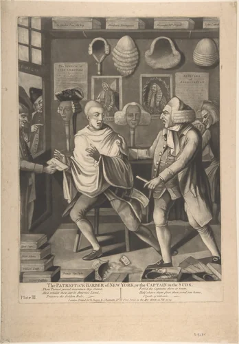 The Patriotick Barber of New York, or the Captain in the Suds by Philip Dawe, print, 1775