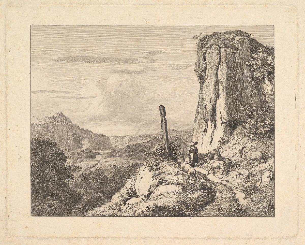 Young Woman with Six Goats by Johann Christoph Erhard, print, 1815