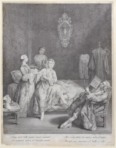 A woman getting out of bed in an elegant interior, with two servants about to help her get dressed, while her husband sits in an armchair at right by Charles Joseph Flipart, print, 1748