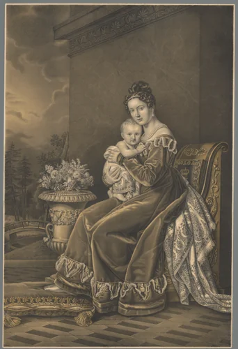 Portret van Pauline von Württemberg met haar zoon Karel by Johann Nepomuk Strixner, print, 1825-1830