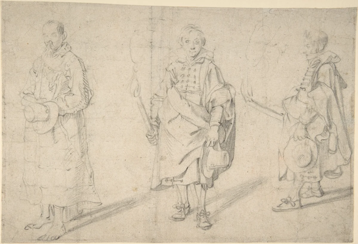 Study of Figures: an Old Man Holding a Hat and Facing Forwards, and a Young Man Holding a Torch and a Hat, seen from both the Front and Left Sides; Verso: Study of a Head by Antoine Sallaert, drawing, 1575-1650