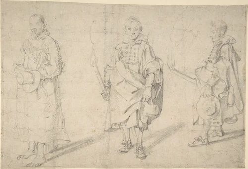Study of Figures: an Old Man Holding a Hat and Facing Forwards, and a Young Man Holding a Torch and a Hat, seen from both the Front and Left Sides; Verso: Study of a Head by Antoine Sallaert, drawing, 1575-1650