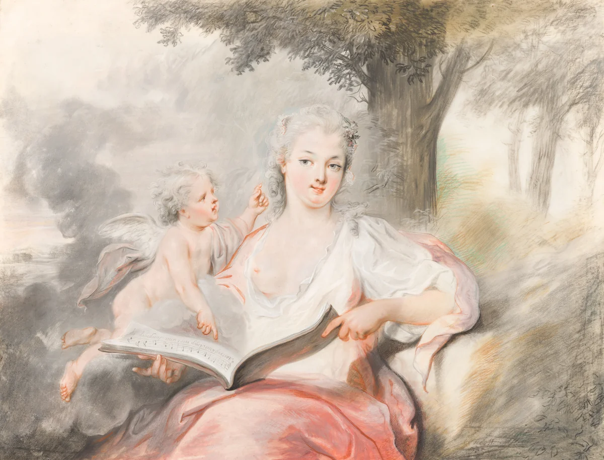 Lady with Cupid and a Songbook by Cornelis Troost, pastel, 1745