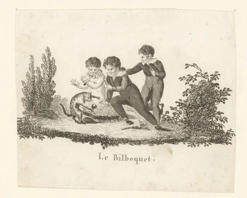 Drie kinderen spelen met een kat by anonymous, print, 1800-1899