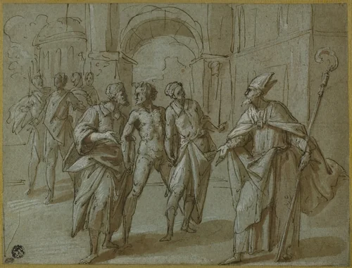 Bishop Saint (Ambrose?) Exorcising the Devil by Giovanni Battista della Rovere, drawing, 1581-1630