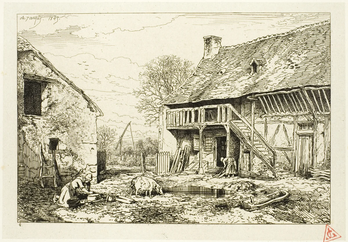 Courtyard of a Peasant Dwelling by Charles-Émile Jacque, print, 1845