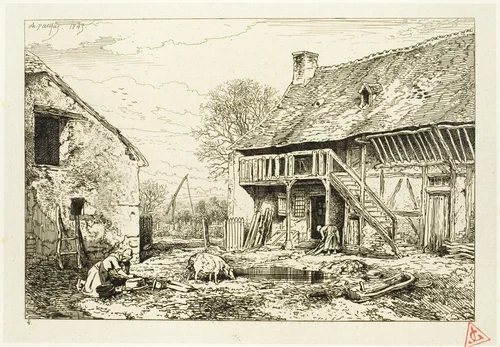 Courtyard of a Peasant Dwelling by Charles-Émile Jacque, print, 1845