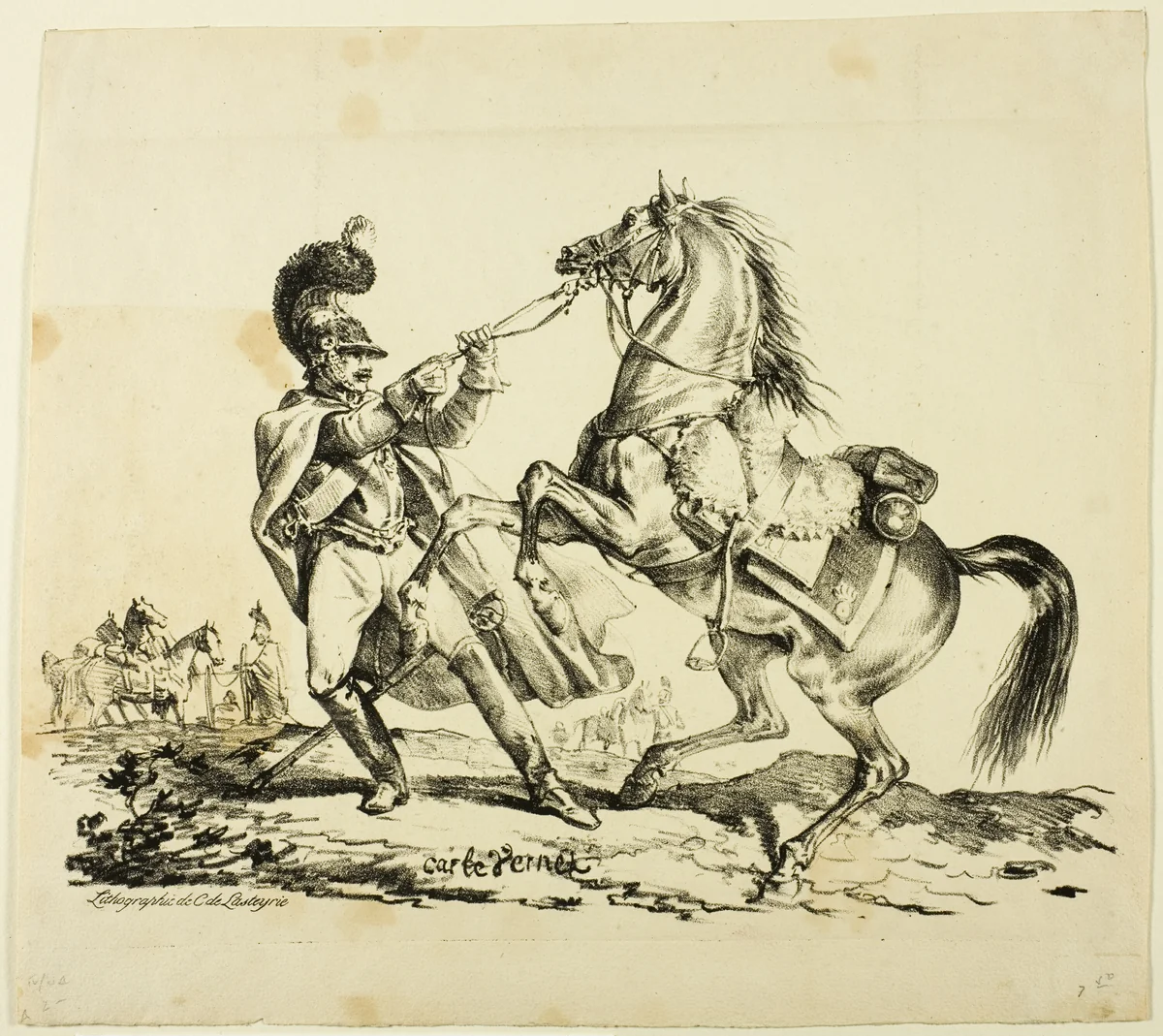 Cuirassier on Foot Restraining His Rearing Horse by Carle Vernet, print, 1817-1836