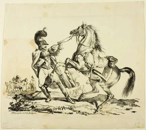 Cuirassier on Foot Restraining His Rearing Horse by Carle Vernet, print, 1817-1836