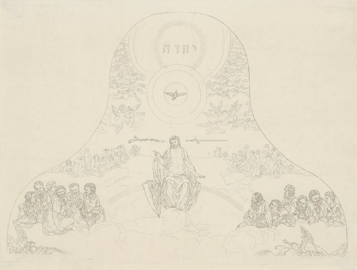 Laatste Oordeel van Lucas van Leyden, bovenste helft van het middenpaneel by Pieter de Mare, print, 1768-1796